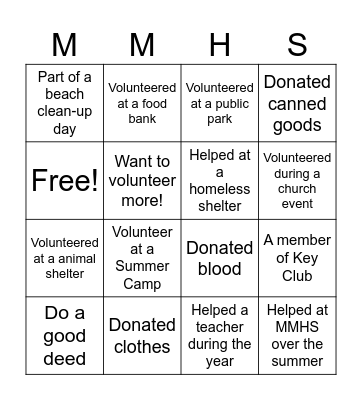 Volunteer Bingo Card
