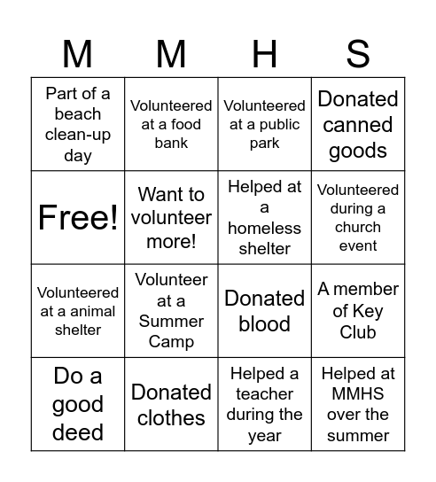 Volunteer Bingo Card