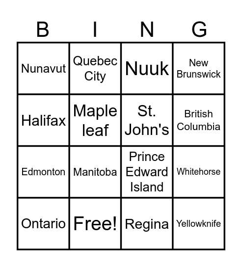 CANADA Bingo Card