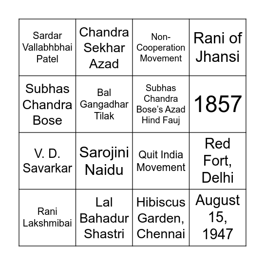 India Independence Bingo Card