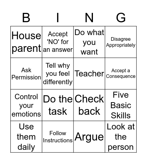 Five Basic Skills Bingo Card