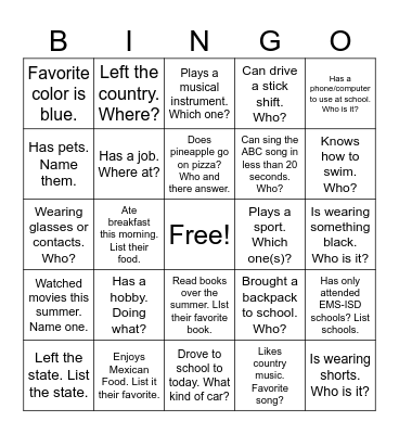 Get to Know Your Classmates! Bingo Card