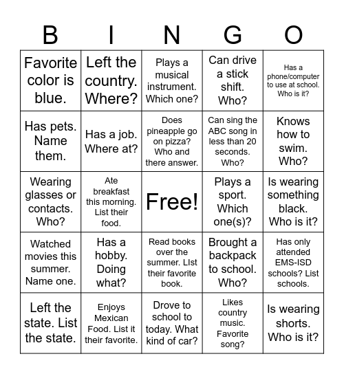 Get to Know Your Classmates! Bingo Card