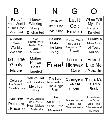 Disney Music Bingo Card