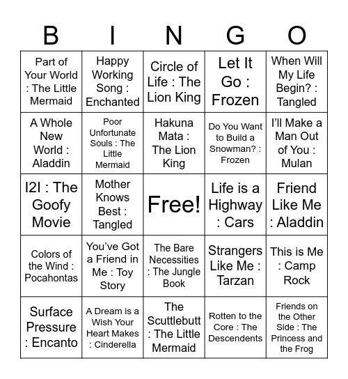 Disney Music Bingo Card