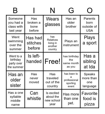 Back to School Bingo Card