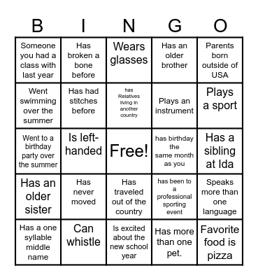 Back to School Bingo Card