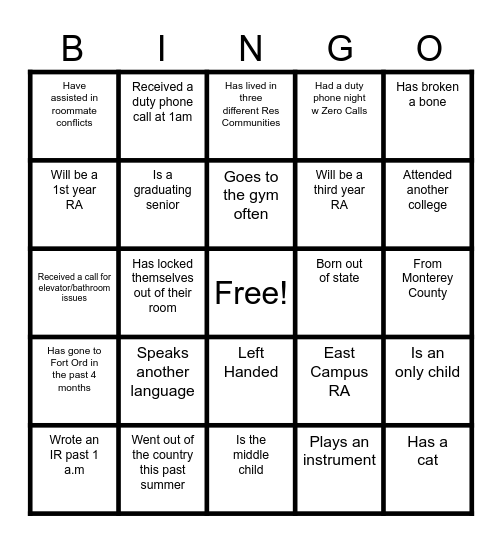 RA Training Bingo - By RLC Rushad Bingo Card