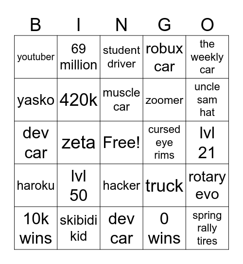 Drive World Bingo!! Bingo Card