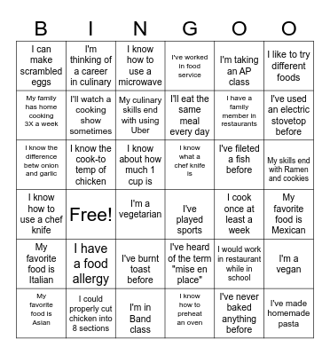 Culinary Bingo Card