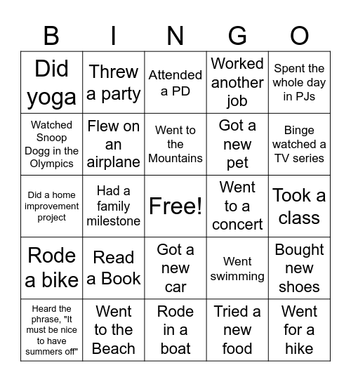 Summer Bingo Card