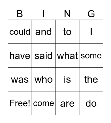 Sight words Bingo Card