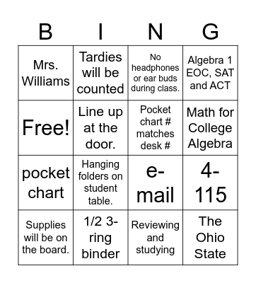 MCA Class Bingo Card