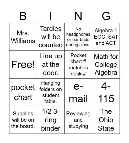 MCA Class Bingo Card