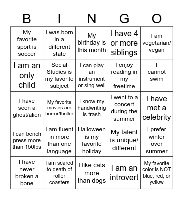 GET TO KNOW YOU Bingo Card