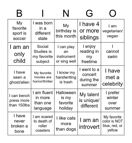 GET TO KNOW YOU Bingo Card