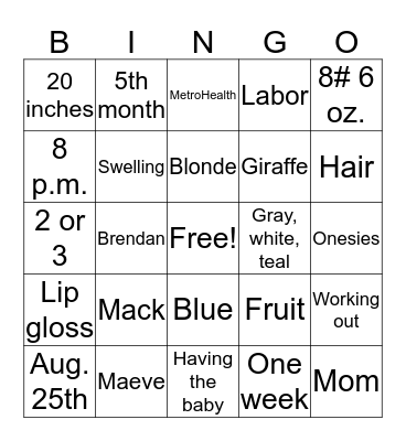 BABY M Bingo Card