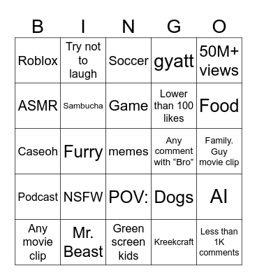 YouTube shorts bingo Card