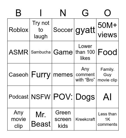 YouTube shorts bingo Card