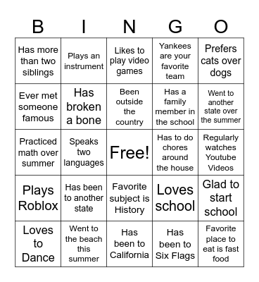 First Day of School Bingo Card