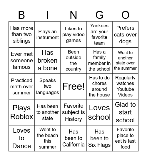 First Day of School Bingo Card