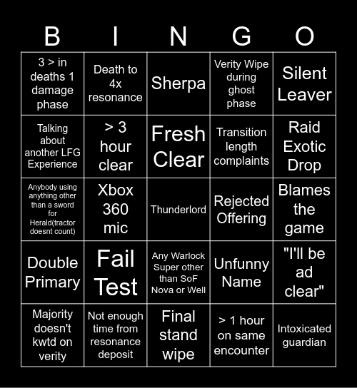 Salvation's Edge Bingo Card