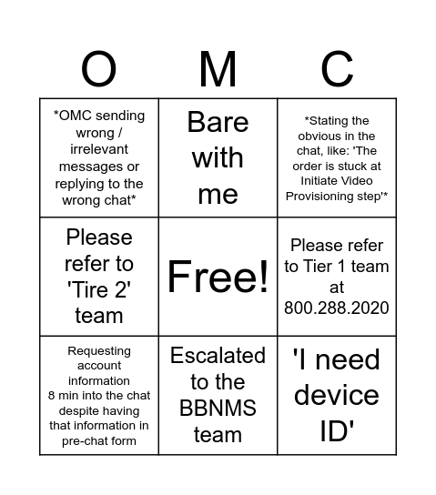 OMC Bingo Card