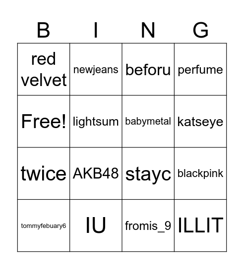 kpop/jpop/global groups/artists Bingo Card