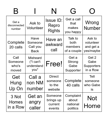 Phone Banking Bingo Card