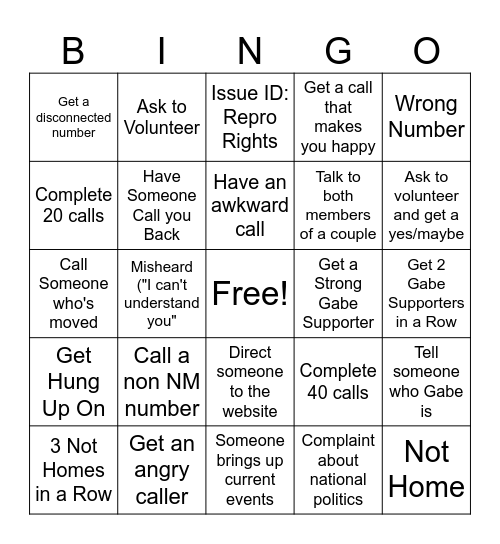 Phone Banking Bingo Card