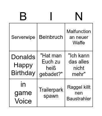 Raggels Test Bingo Card