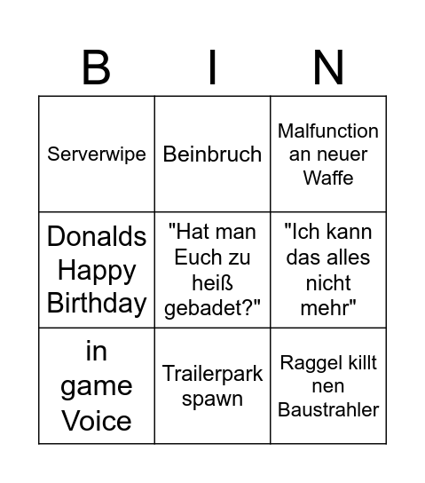 Raggels Test Bingo Card