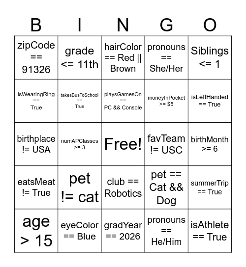 Boolean Bingo Card