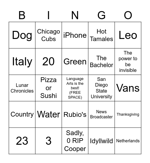 Stull ONLY Get to Know Your Teacher Bingo Card