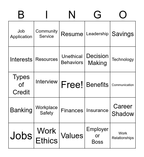 Work Based Learning Bingo Card