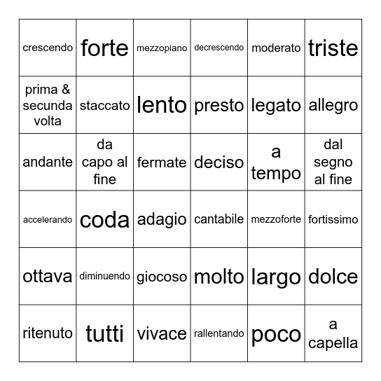 Italiaanse woorden 4 Bingo Card