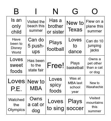 Get to know me in P.E. Bingo Card