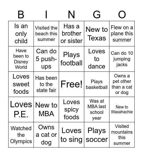 Get to know me in P.E. Bingo Card