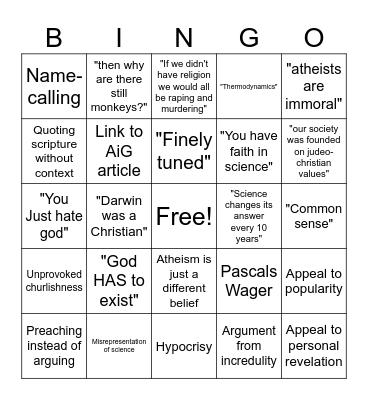 Shitty Theist Bingo Card