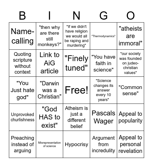 Shitty Theist Bingo Card