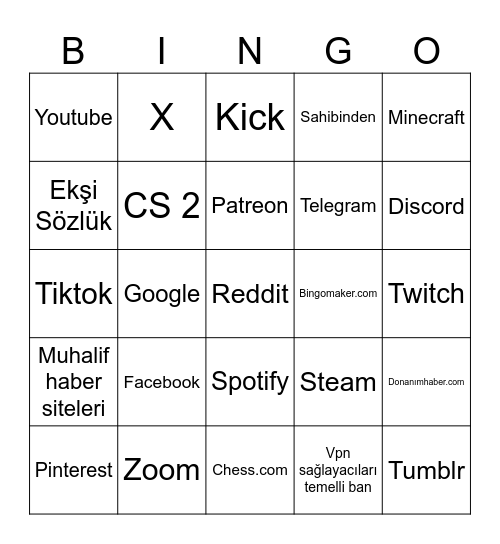 Banlanılacak Siteler Bingo Card