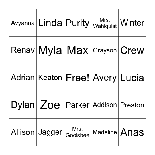 Mystery Name Bingo Card