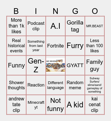 Youtube Shorts bingo Card