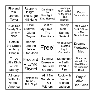 70s Music Bingo Card