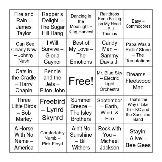 70s Music Bingo Card