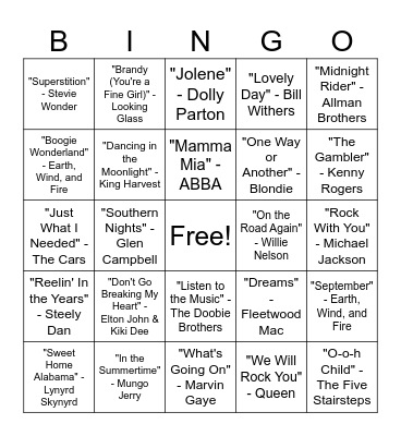 70s Music Bingo Card