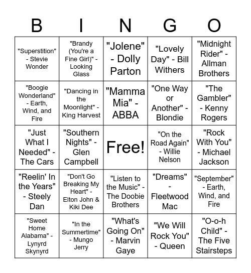 70s Music Bingo Card