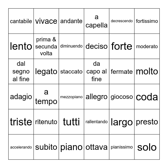 Italiaanse woorden 4 Bingo Card