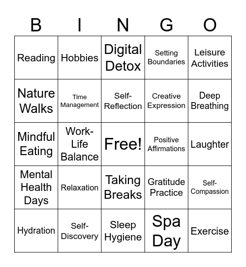 Self-Care Bingo Card