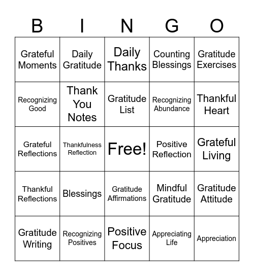 Gratitude & Appreciation Bingo Card